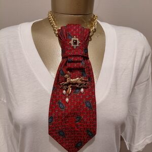 Handcrafter 100% Silk Red Paisley Print Necktie Necklace With Rabbit Brooch